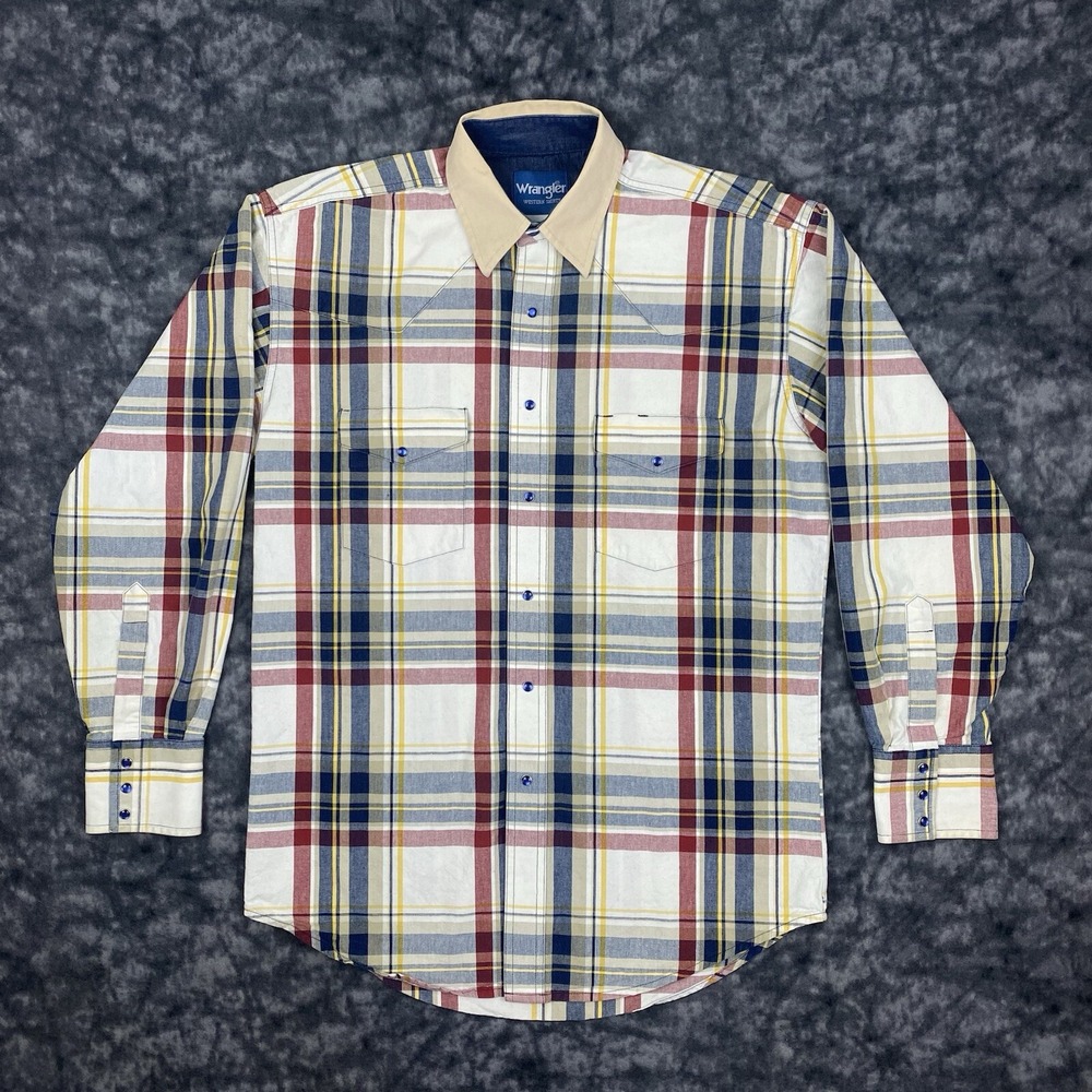 Vintage Wrangler Pearl Snap Shirt Mens Size Large Blue Red Western Cowboy